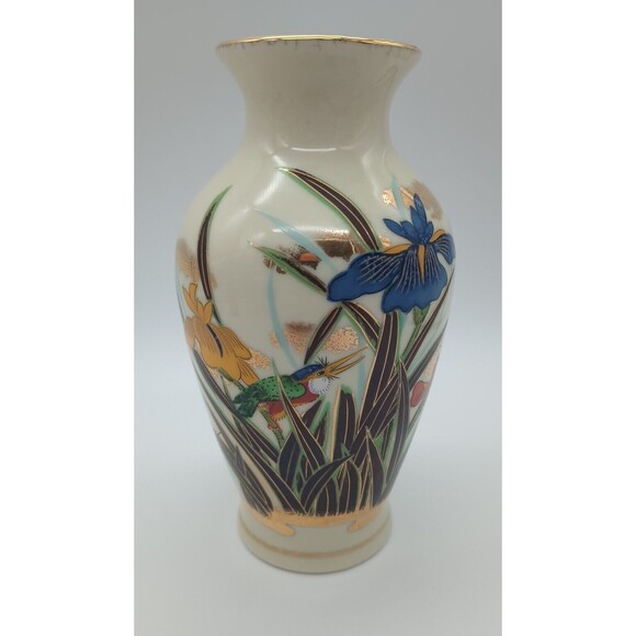 Vtg Toyo Japan  Hand Painted Vase Crackle Pottery Gold Tone Trim Birds & Flower - Picture 1 of 8